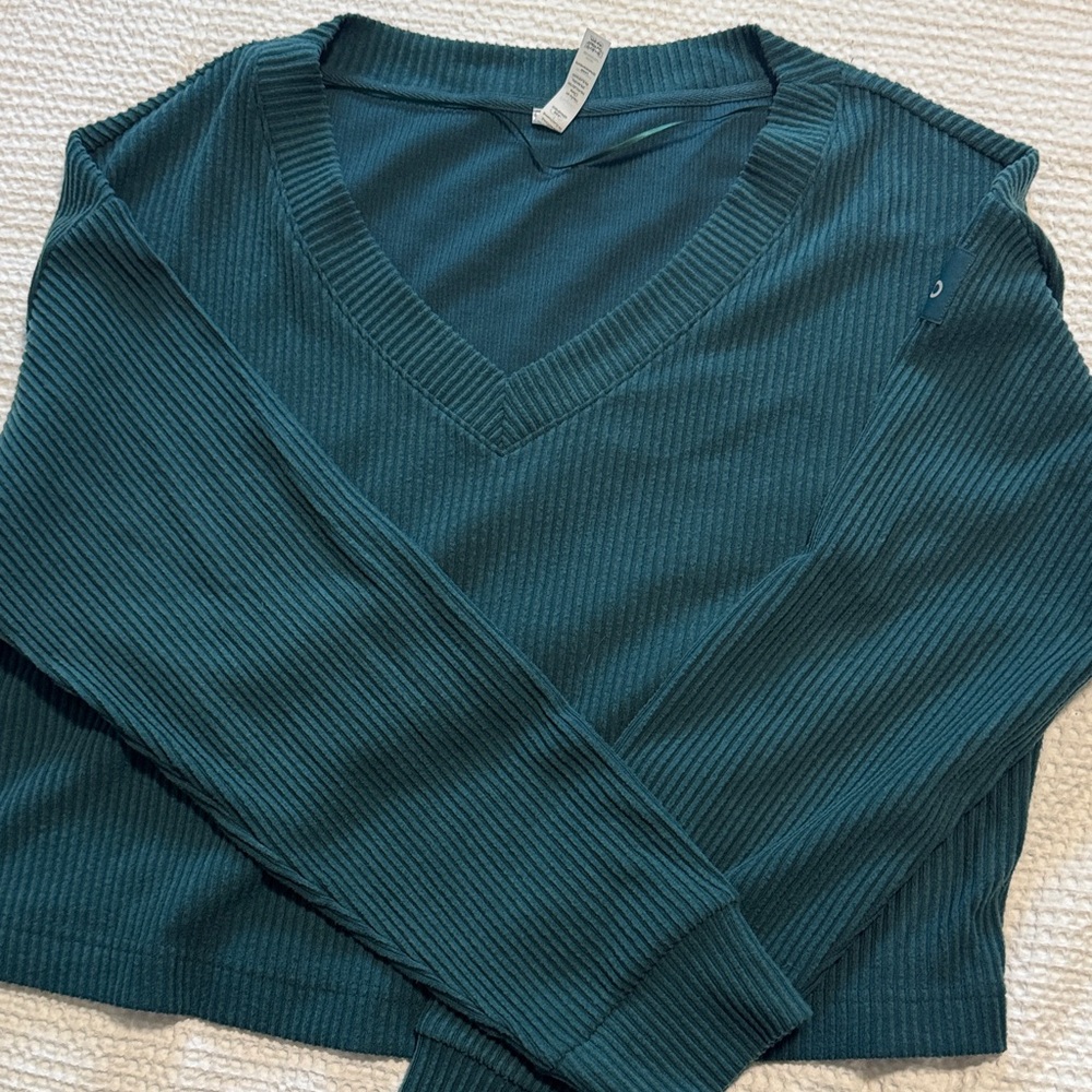 ALO Yoga Deep Teal V-Neck Ribbed Women's Sweater